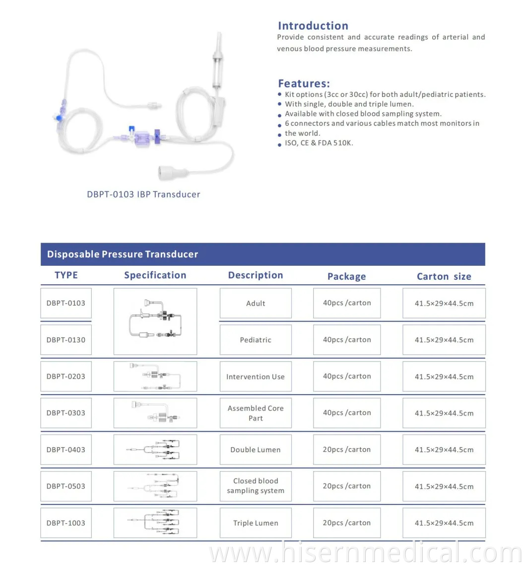 Medical Instrument Product China Factory Dbpt-0503 Hisern Medical Disposable Blood Pressure Transducer